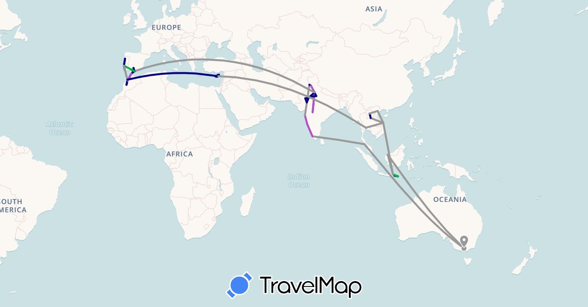 TravelMap itinerary: driving, bus, plane, train in Australia, Cyprus, Spain, Gibraltar, Indonesia, India, Laos, Morocco, Malaysia, Portugal, Thailand, Vietnam (Africa, Asia, Europe, Oceania)