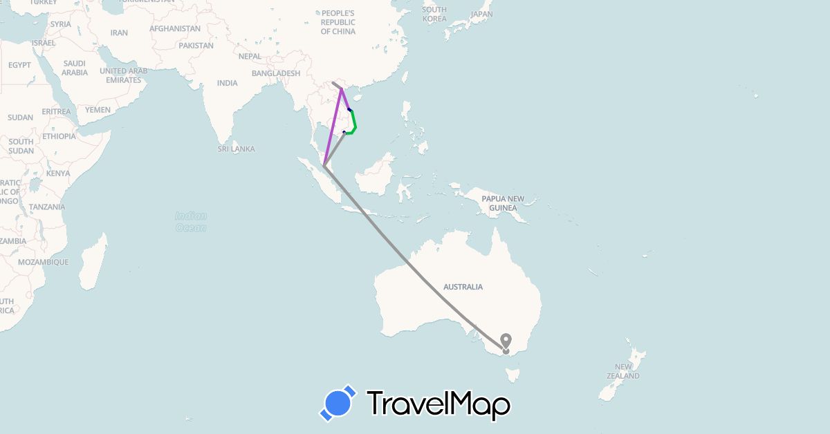 TravelMap itinerary: driving, bus, plane, train in Australia, Malaysia, Vietnam (Asia, Oceania)