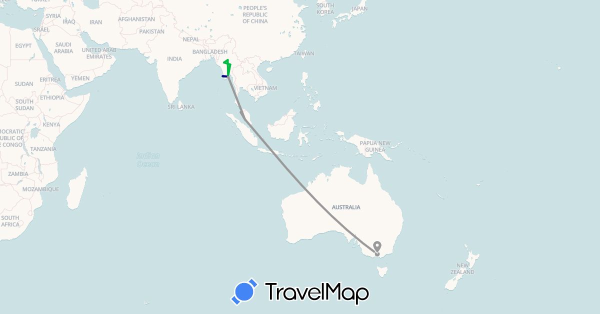 TravelMap itinerary: driving, bus, plane in Australia, Myanmar (Burma), Malaysia (Asia, Oceania)