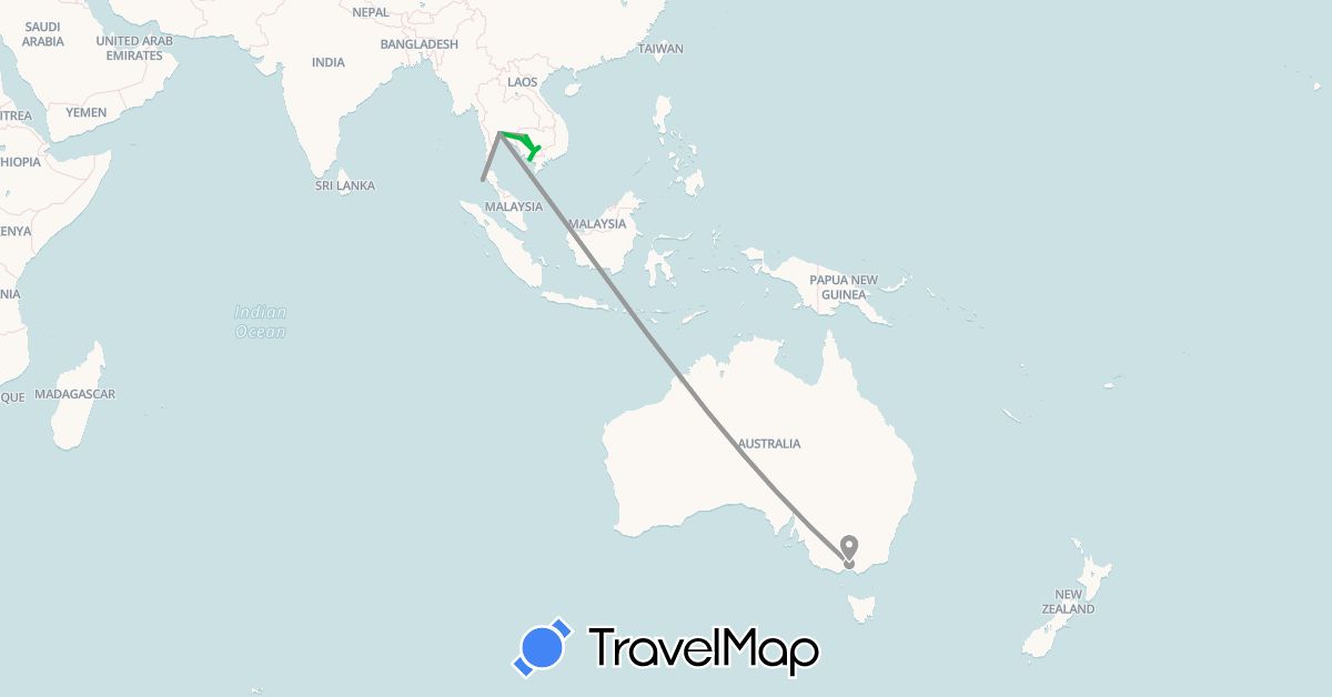 TravelMap itinerary: driving, bus, plane in Australia, Cambodia, Thailand (Asia, Oceania)